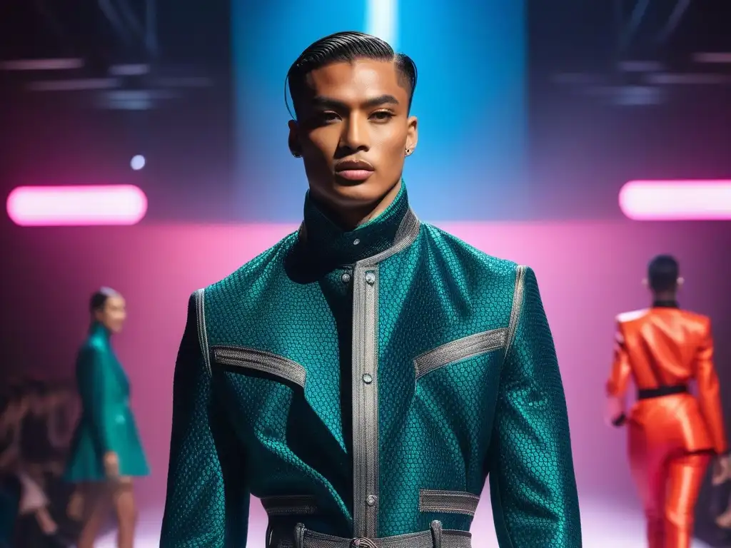 Pasarela inclusiva y futurista: moda diversa y empoderadora Desfile de moda inclusiva con personas trans desfilando con confianza en diseños elegantes y modernos