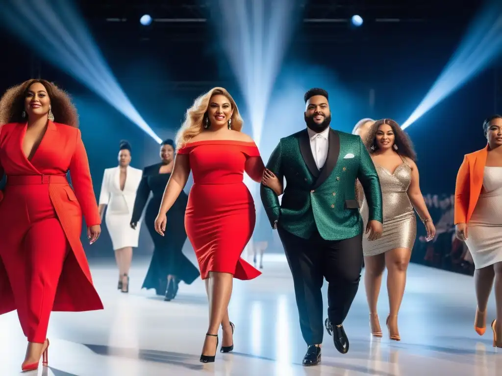 Desfile inclusivo de moda con personalidades plus size radiantes Un desfile de moda inclusiva con personas de tallas grandes desmitificando estereotipos, radiantes y elegantes