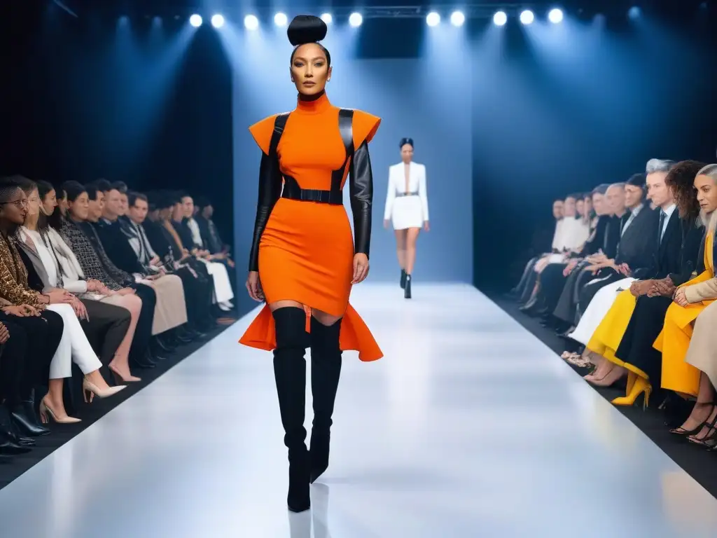 Desfile futurista de moda inclusiva con tecnología wearable de vanguardia Un desfile de moda inclusiva y wearables premium con modelos diversos luciendo prendas vanguardistas en una pasarela futurista