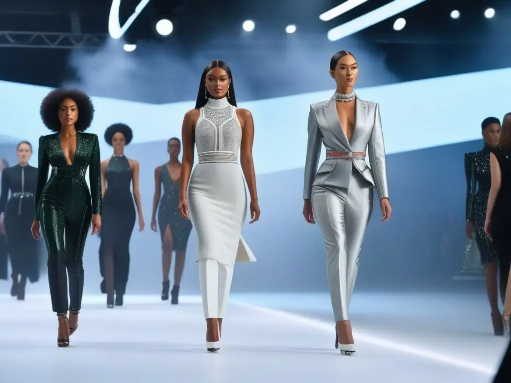 Moda futurista: modelos diversos desfilan con tecnología wearable premium Desfile de moda inclusiva y wearables premium en una pasarela futurista