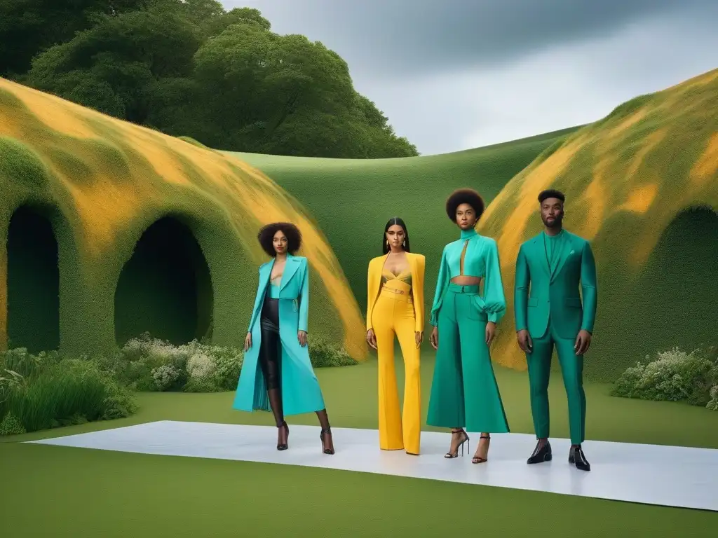 Desfile ecofashion: diversidad vibrante en pasarela verde Desfile de moda inclusiva con prendas teñidas de forma sostenible, en una pasarela futurista rodeada de vegetación exuberante