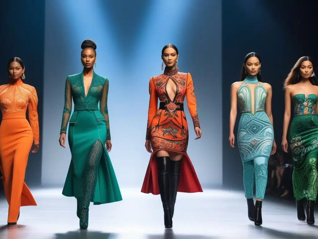 Desfile futurista: modelos diversos lucen prendas 3D Desfile de moda inclusiva con prendas de impresión 3D personalizada en modelos diversos