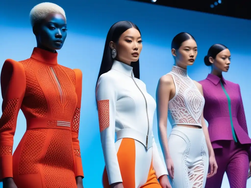 Desfile de moda 3D: Vanguardia y diversidad en prendas futuristas Un desfile de moda inclusiva con prendas de impresión 3D innovadoras y vibrantes