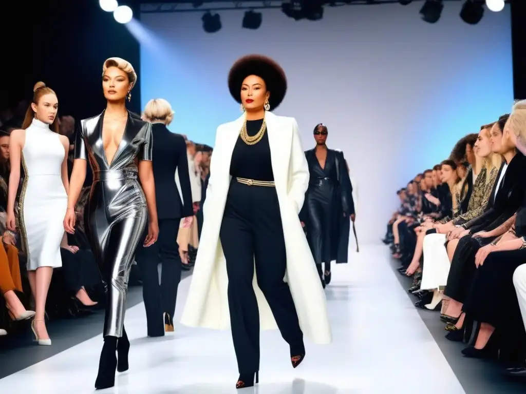 Pasarela inclusiva: diversidad y empoderamiento en la moda Desfile de moda inclusiva para todos: profesionales diversos caminan con confianza por una pasarela elegante y futurista