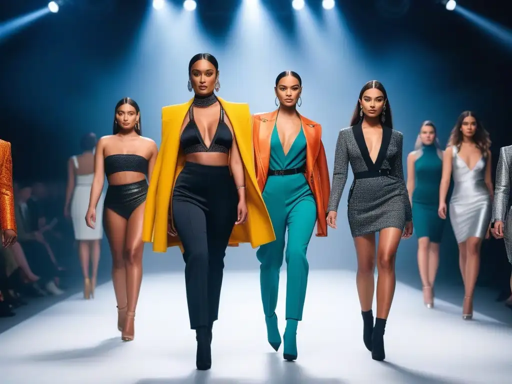 Desfile inclusivo de moda: diversidad y estilo en la pasarela Un desfile de moda inclusiva reimaginada con modelos diversos en una pasarela moderna y brillante