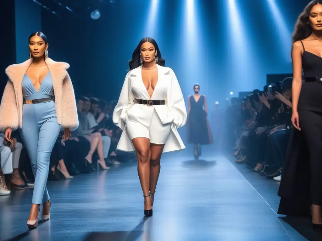 Desfile inclusivo de moda: diversidad y estilo en la pasarela Un desfile de moda inclusiva reimaginada con modelos de todas las edades, tallas y etnias, en una pasarela futurista
