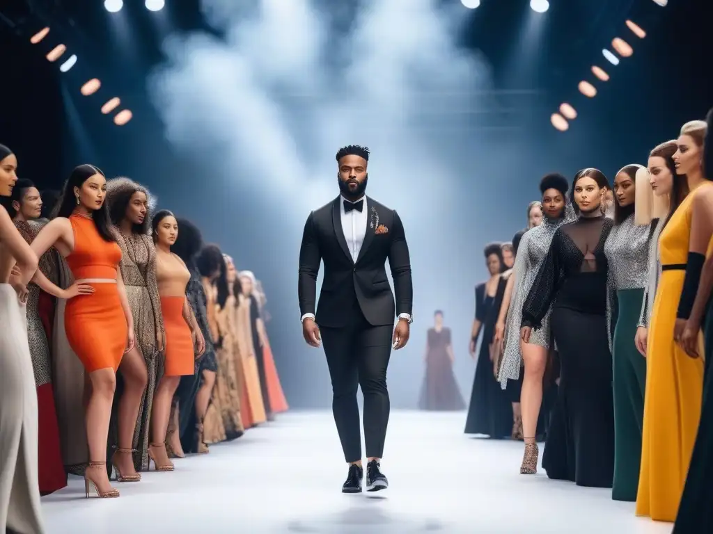 Desfile inclusivo: diversidad y estilo en la pasarela Desfile de moda inclusiva y responsabilidad social con modelos diversos caminando con confianza en una pasarela moderna y futurista