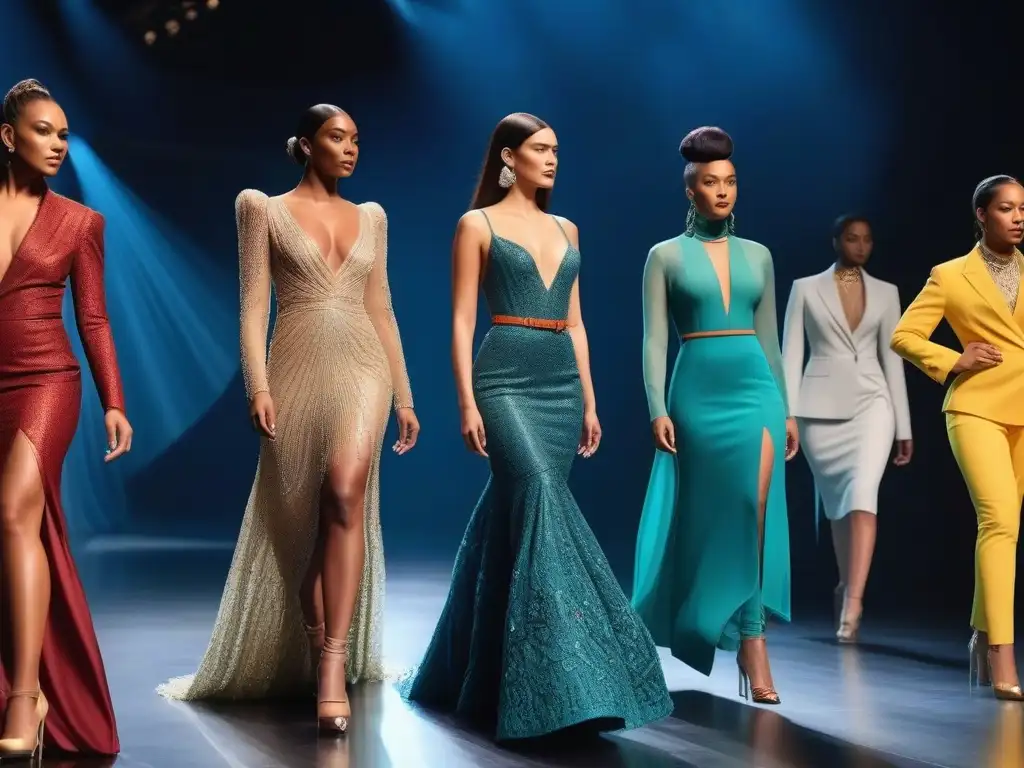 Diversidad y moda inclusiva en pasarela futurista Desfile de moda inclusiva en series y películas: actores diversos lucen diseños únicos en una pasarela futurista