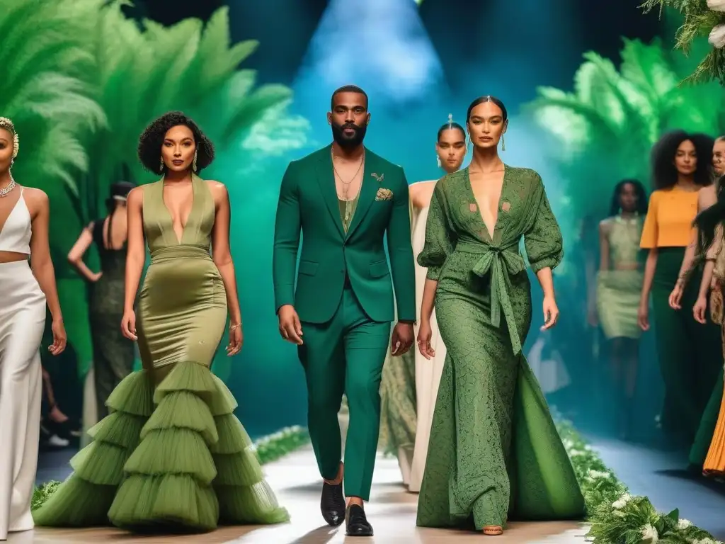 Pasarela sostenible: diversidad y estilo eco en moda inclusiva Un desfile de moda inclusiva sostenible con modelos diversos caminando seguros en una pasarela verde