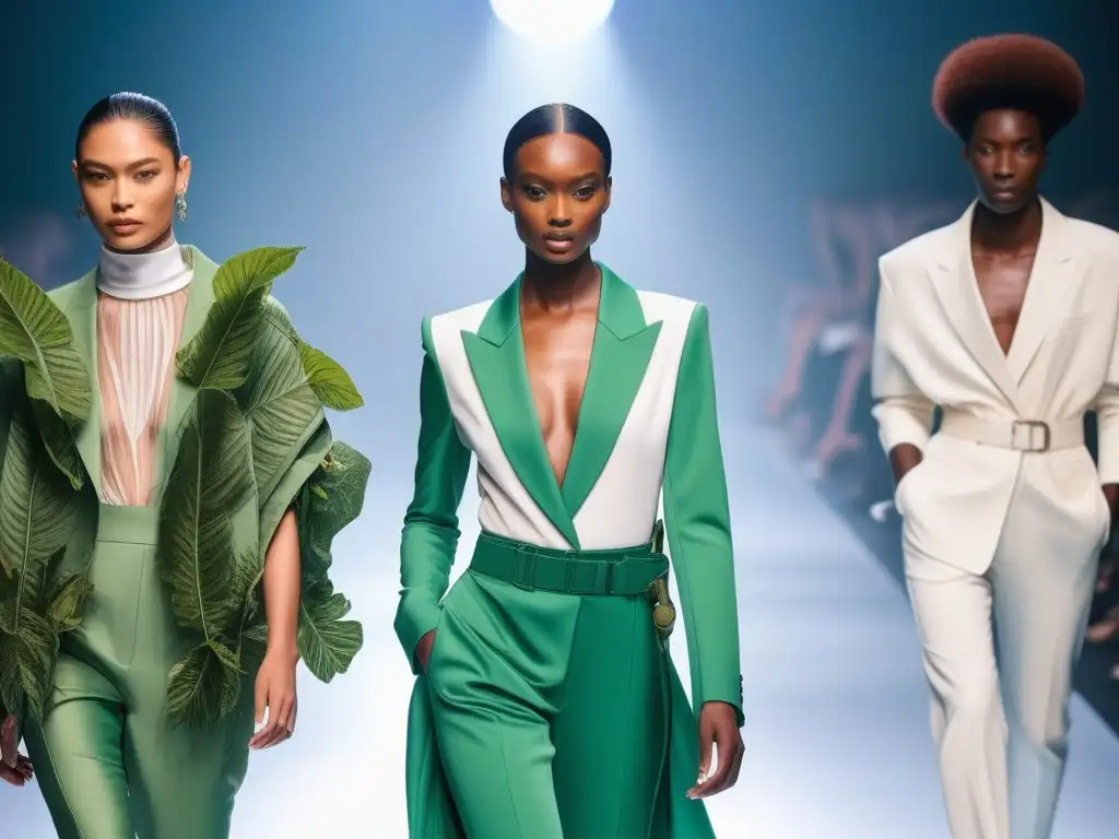 Desfile de moda sostenible e inclusiva: diversidad y estilo eco-amigable Desfile de moda inclusiva y sostenible diferenciadora con modelos diversos en una pasarela futurista y minimalista