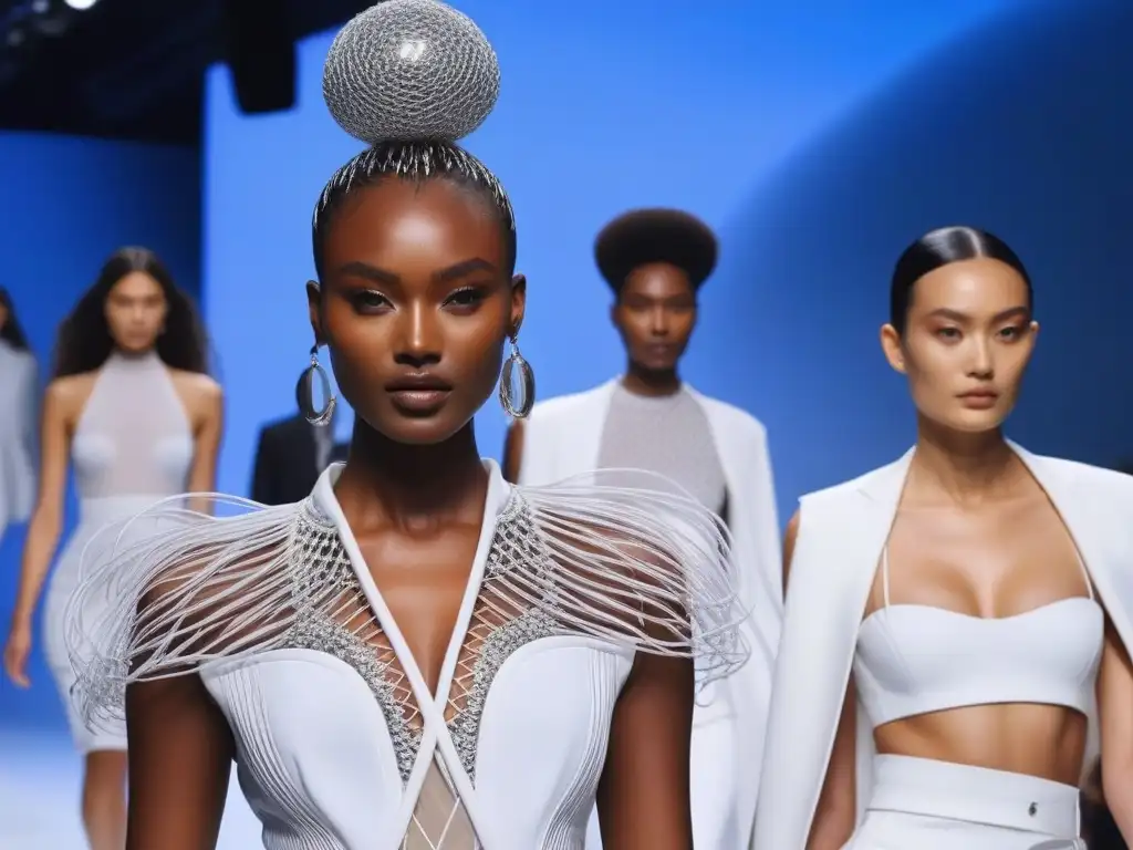 Moda inclusiva y sostenible: desfile del futuro Desfile de moda inclusiva sostenible desafío con modelos diversos caminando con confianza en pasarela futurista