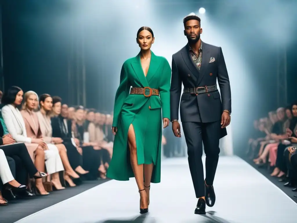 Desfile de moda inclusivo y sostenible: diversidad y empoderamiento Desfile de moda inclusiva y sostenible con modelos diversos en una pasarela futurista