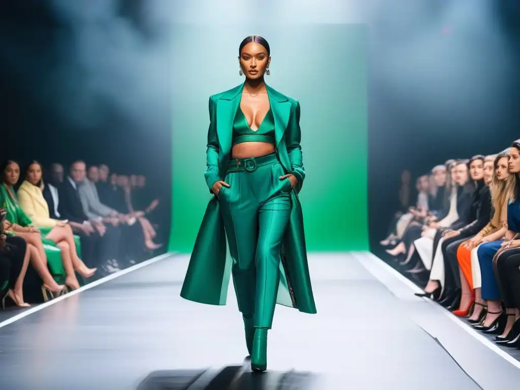 Desfile ecológico: moda inclusiva y sostenible en ciudad futurista Desfile de moda inclusiva sostenible diversidad cuerpos en una pasarela futurista