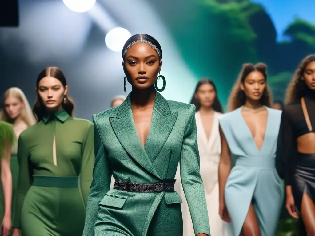 Desfile inclusivo de moda sostenible: diversidad y estilo ecofriendly Desfile de moda inclusiva y sostenible con diversidad de cuerpos, etnias e identidades de género en un escenario futurista