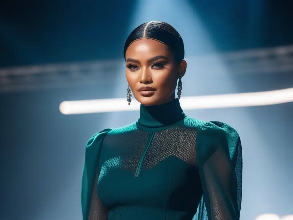 Desfile de moda inclusivo y sostenible con tecnología blockchain Desfile de moda inclusiva y sostenible blockchain con modelos diversos y empoderados en pasarela futurista