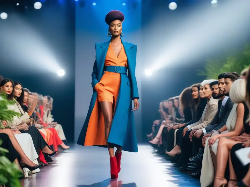 Desfile de moda inclusiva y sostenible con diseñadores y modelos diversos en un escenario futurista y ecológico, representando la unión entre la inclusividad y el desarrollo sostenible en el sector de la moda