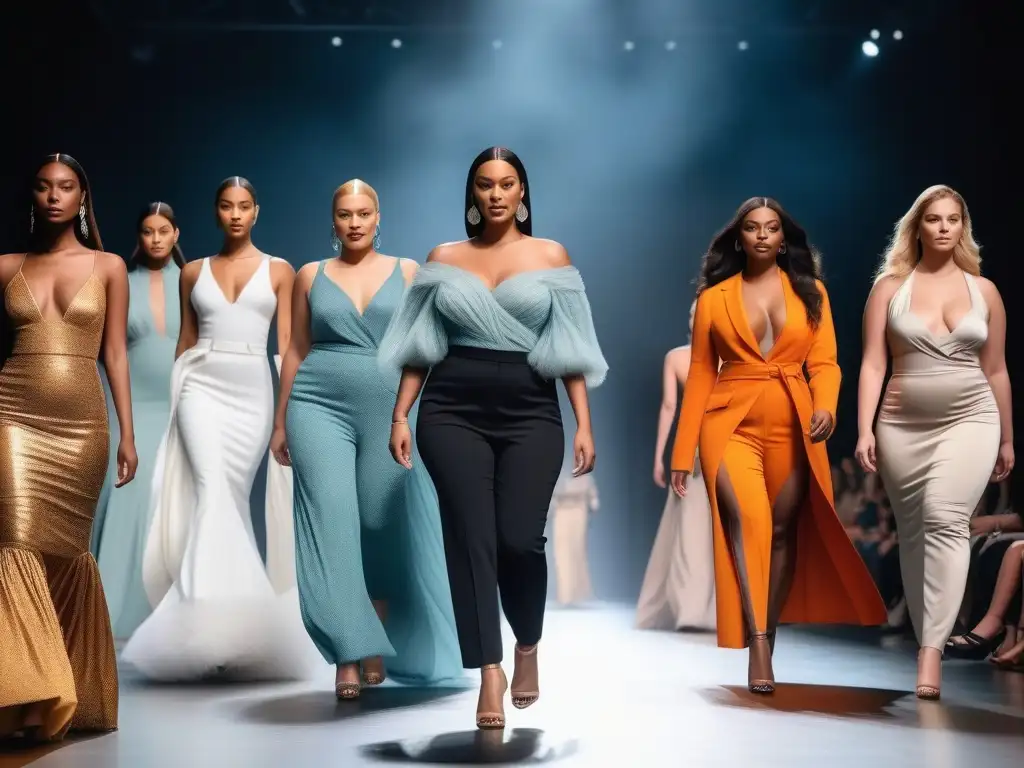 Desfile de moda inclusivo y sostenible: diversidad y empoderamiento Desfile de moda inclusiva y sostenible con modelos de todos los tipos de cuerpo y fondos, en un ambiente de pasarela moderno y elegante