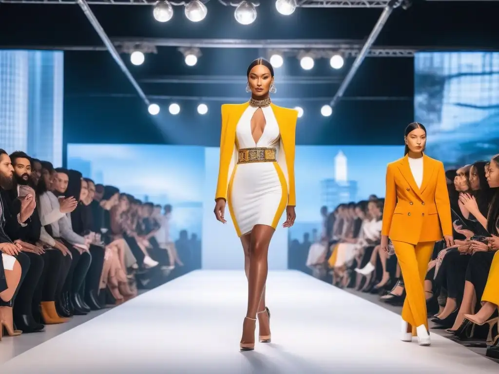 Desfile de moda diverso y sostenible en un ambiente futurista inclusivo Desfile de moda inclusiva y sostenible para todos en un escenario futurista y vanguardista