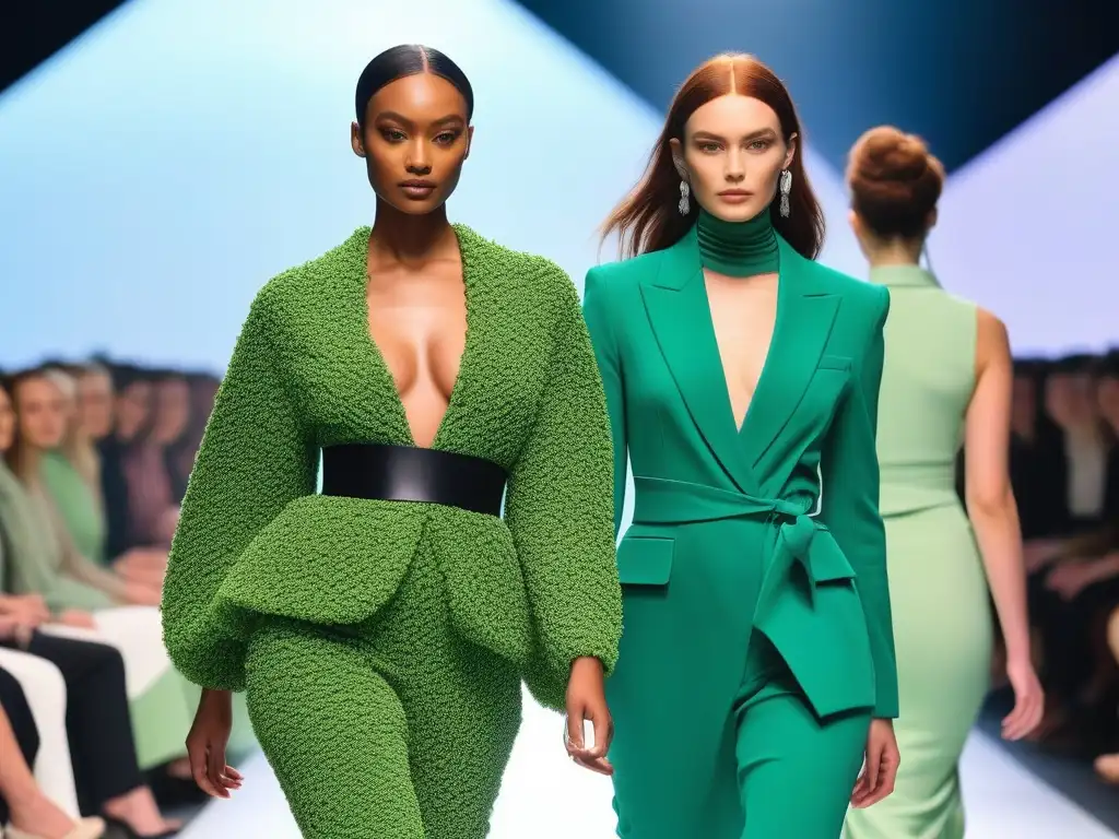 Desfile de moda inclusiva y sostenible: modelos en pasarela eco-friendly Desfile de moda inclusiva y sostenible con modelos luciendo prendas de marcas sostenibles de moda inclusiva en una pasarela futurista