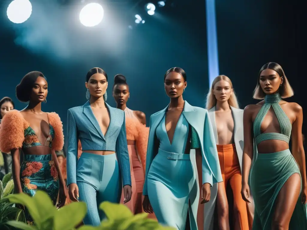 Desfile futurista: moda sostenible e inclusiva Desfile de moda inclusiva y sostenible diversa en pasarela futurista con modelos seguras y diversas