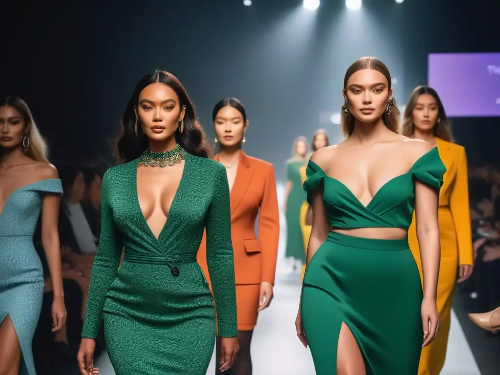 Desfile de moda sostenible: diversidad y elegancia Desfile de moda inclusiva sostenible redefiniendo lujo, modelos diversos caminan con confianza en pasarela aplaudidos por multitud variada