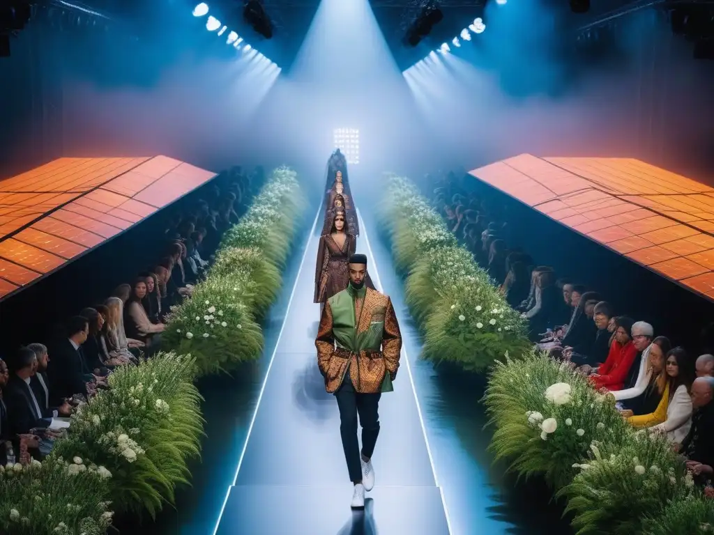 Desfile de moda inclusivo y sostenible: diversidad y estilo en la pasarela Desfile de moda inclusiva y sostenible con modelos diversos y confiados en una pasarela futurista