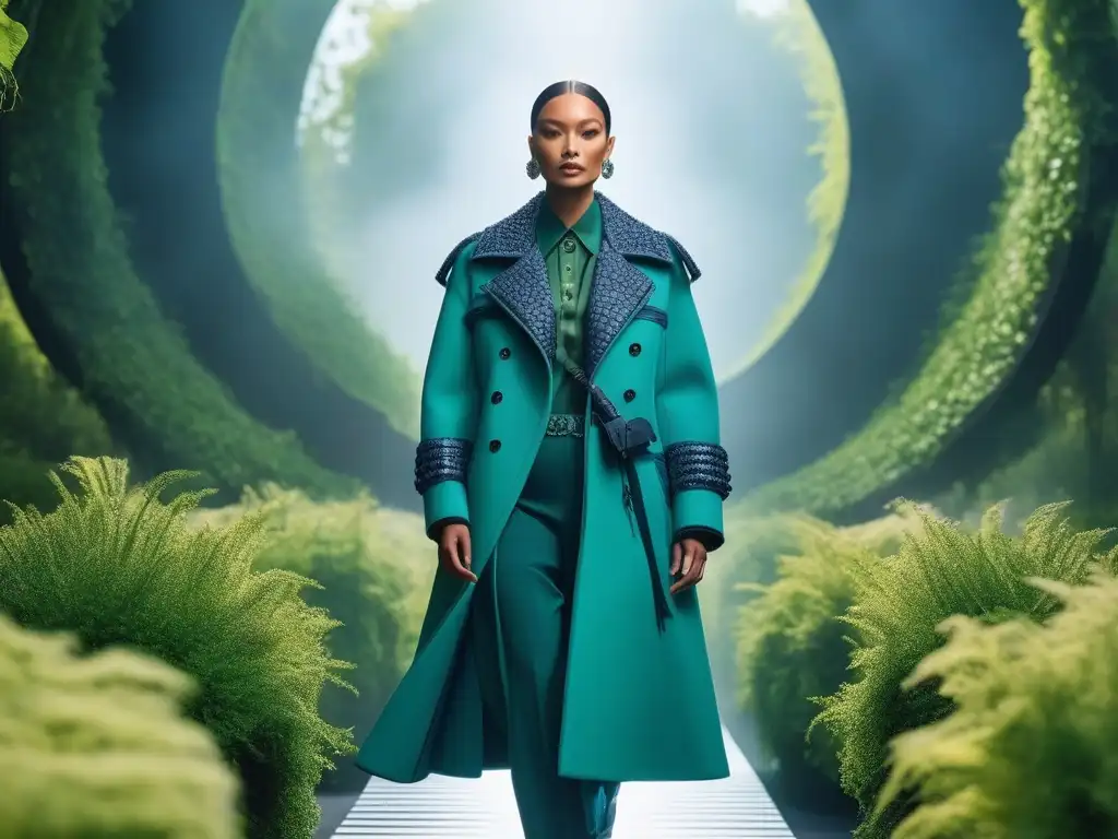 Moda ecofriendly y diversa en pasarela futurista Desfile de moda inclusiva y sostenible con marcas líderes en una pasarela futurista