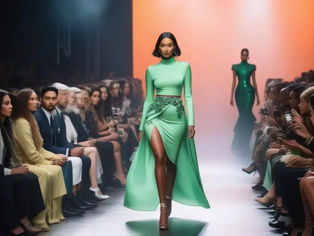 Desfile eco-inclusivo: moda sostenible para todos Desfile de moda inclusiva y sostenible con marcas líderes en un escenario futurista ecoamigable