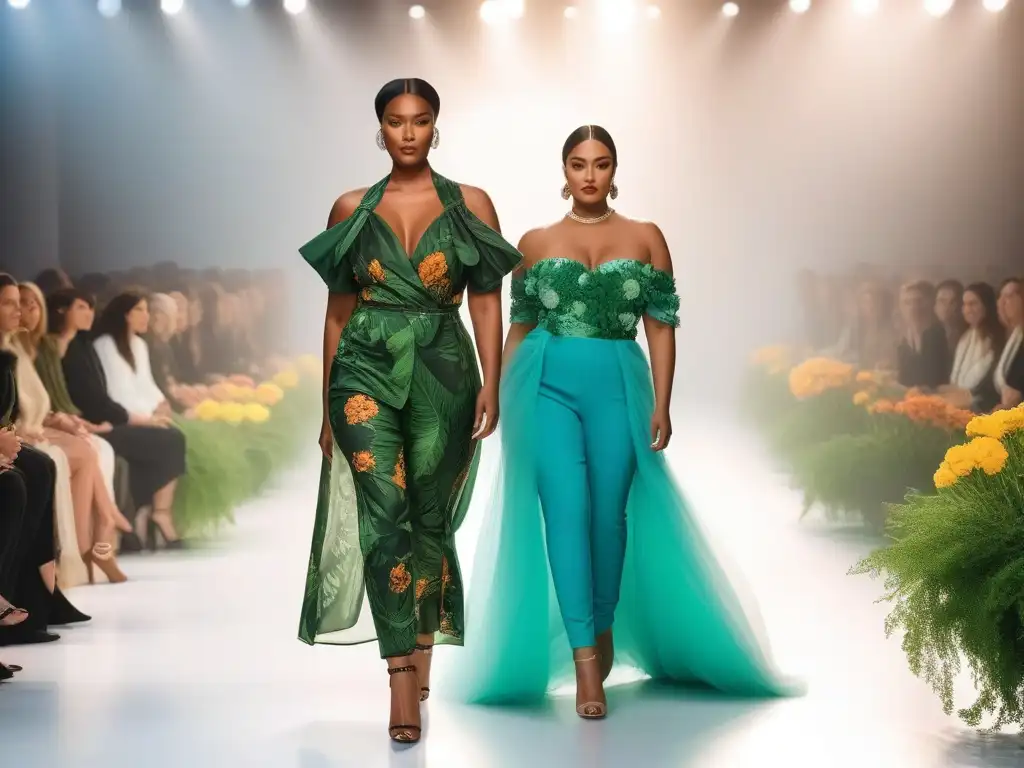 Desfile de moda inclusivo y sostenible: diversidad y naturaleza en armonía Desfile de moda inclusiva y sostenible con modelos diversos de tallas, etnias y habilidades, luciendo confianza y estilo