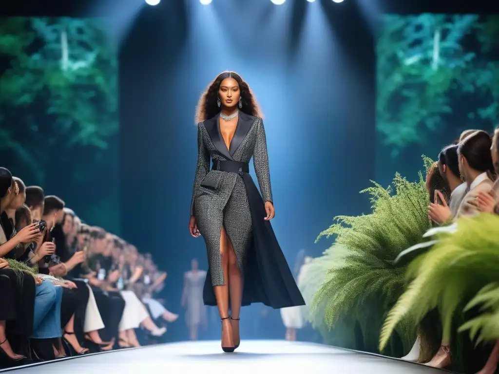 Desfile de moda inclusivo y sostenible en escenario futurista ecofriendly Desfile de moda inclusiva y sostenible con modelos de diversas tallas y etnias caminando con confianza en una pasarela futurista