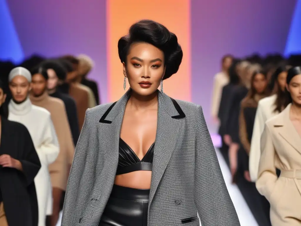 Desfile inclusivo y sostenible: moda que celebra la diversidad Desfile de moda inclusiva y sostenible con diversidad de modelos en una pasarela futurista