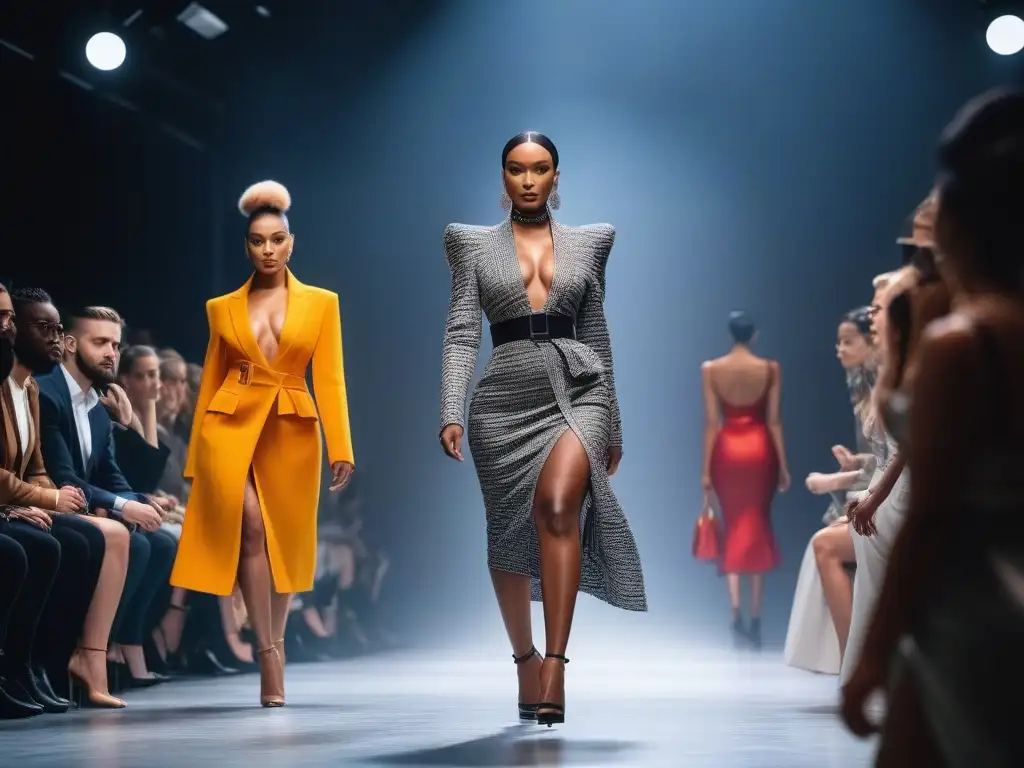 Desfile de moda inclusivo con modelos diversos Desfile de moda inclusiva para todas las tallas con modelos diversos en pasarela futurista