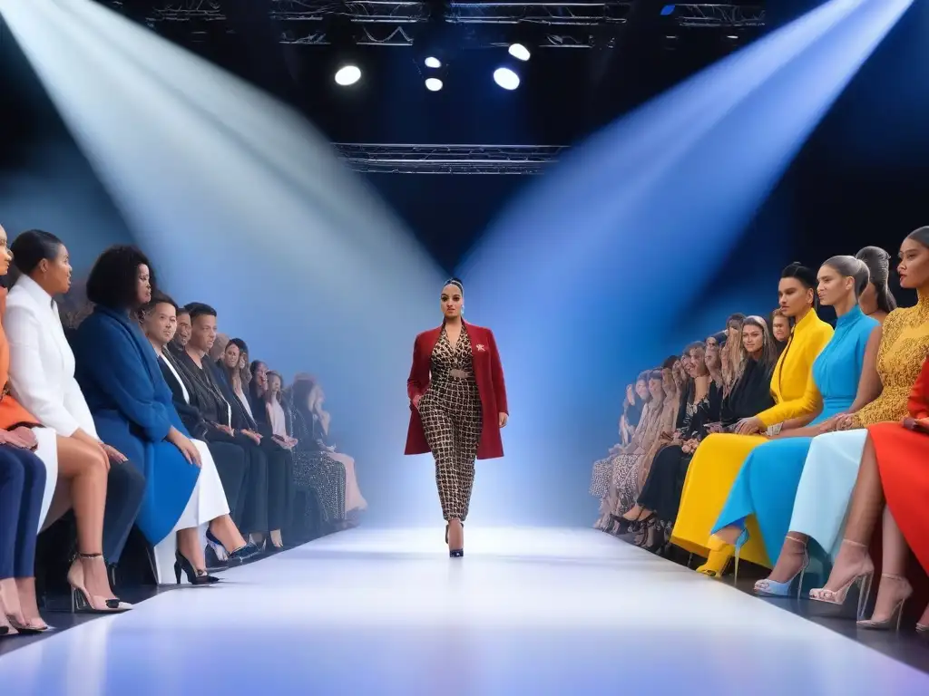 Desfile de moda inclusivo con modelos diversos brillando en la pasarela Desfile de moda inclusiva para todas las tallas, con modelos diversos en outfits únicos y vibrantes, en una pasarela moderna y elegante
