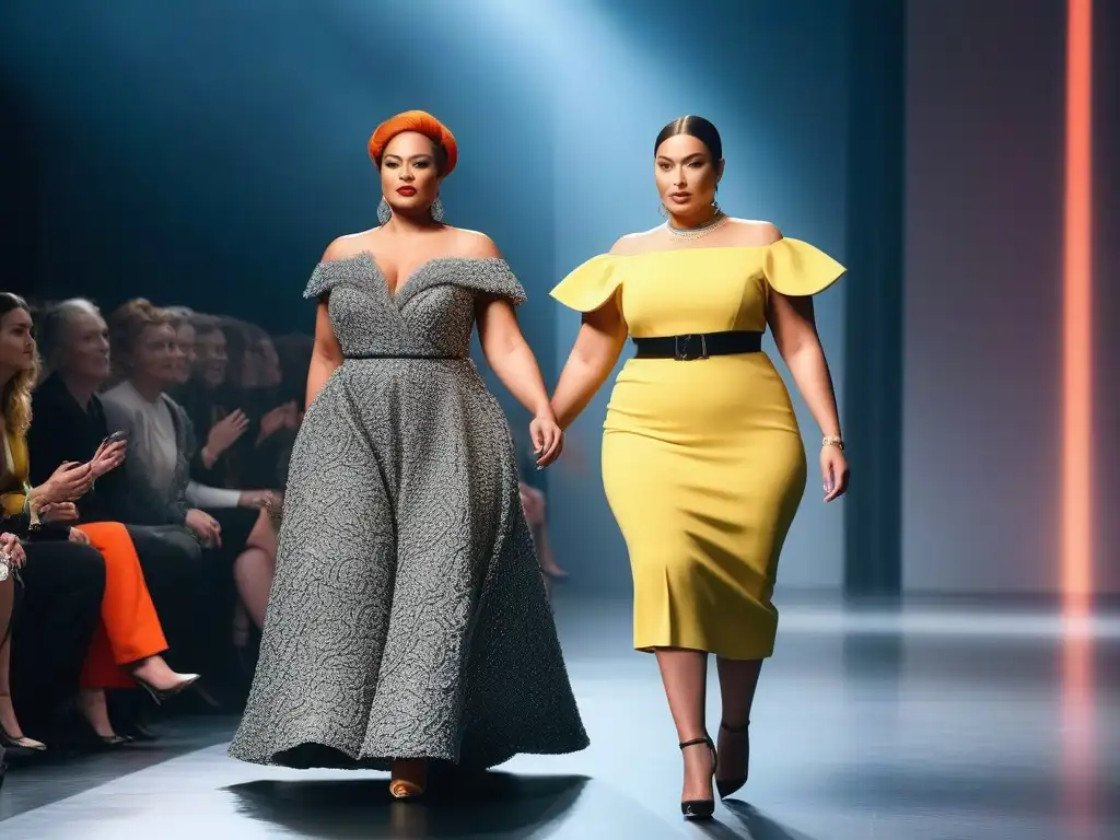 Desfile de moda inclusivo: mujeres diversas desfilan con confianza Desfile de moda inclusiva para todas tallas: mujeres diversas caminan con confianza por la pasarela, luciendo estilos únicos que celebran la diversidad