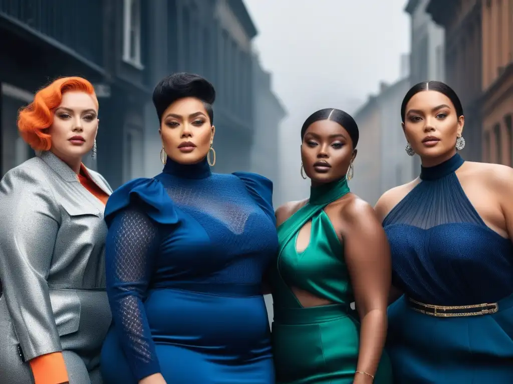 Desfile de moda inclusiva con modelos de tallas grandes empoderadas Desfile de moda inclusiva para todas tallas con modelos plus size seguras y elegantes en pasarela urbana