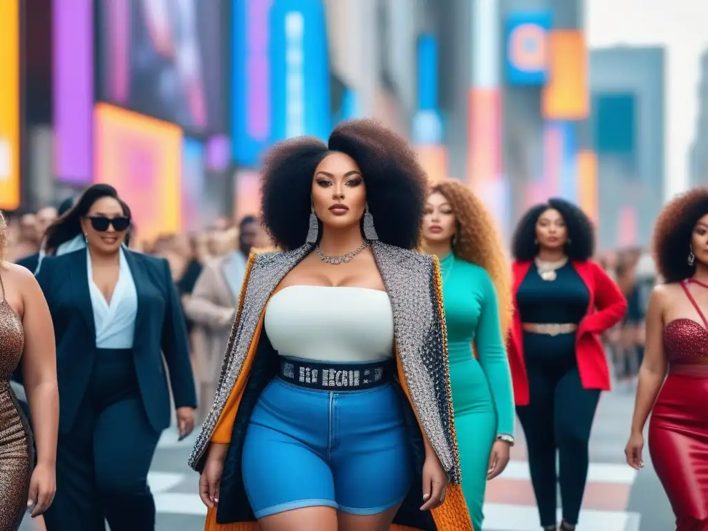 Desfile de moda inclusivo: mujeres seguras y diversas celebran la individualidad y la positividad corporal Desfile de moda inclusiva para todas tallas: mujeres diversas y seguras desfilan en la pasarela con atuendos estilosos, celebrando la individualidad y la positividad corporal en una ciudad colorida y vibrante