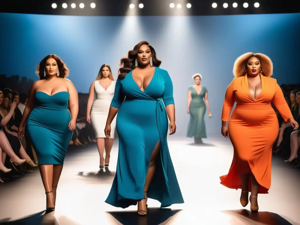 Desfile de moda plussize: diversidad, empoderamiento y estilo Desfile de moda inclusiva tallas grandes tendencias: modelos empoderadas exhiben outfits modernos y estilosos