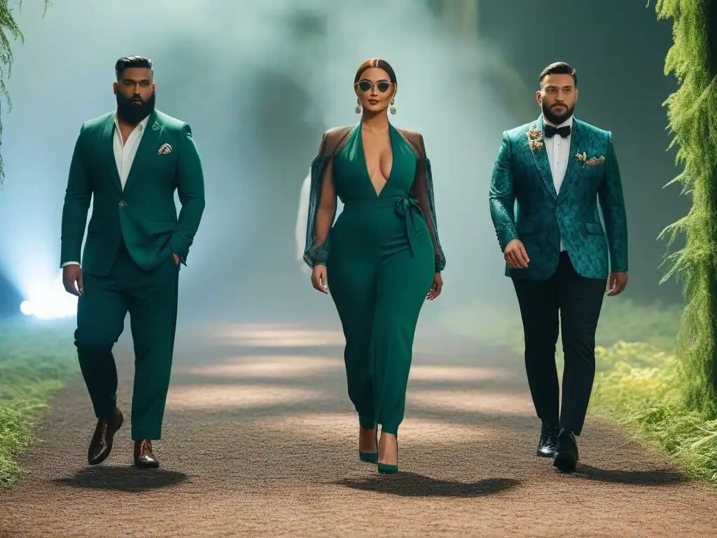 Desfile de moda inclusivo y sostenible: diversidad y estilo eco Desfile de moda inclusiva para todas las tallas con modelos diversos y confiados exhibiendo diseños ecofriendly