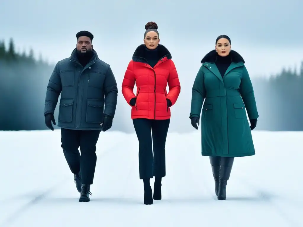Desfile de moda invernal inclusivo: modelos con estilo y adaptabilidad en la pasarela nevada Desfile de moda inclusiva tallas especiales invierno: modelos diversos lucen prendas adaptativas y estilosas en una pasarela nevada