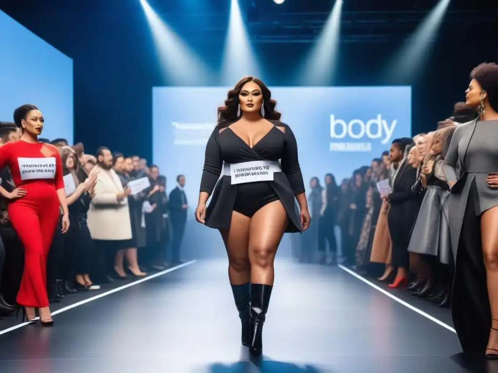 Desfile inclusivo: moda y diversidad en la pasarela futurista Desfile de moda inclusiva para todas las tallas con modelos diversos y empoderados en pasarela futurista