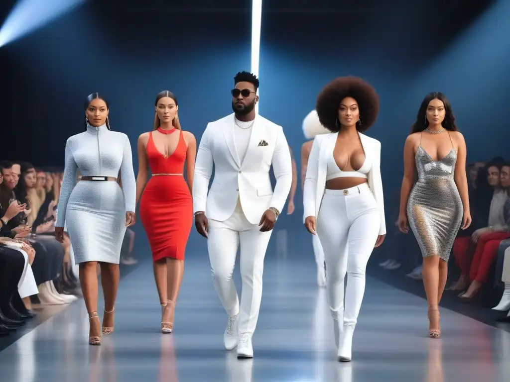 Desfile inclusivo: moda futurista para todos los cuerpos Desfile de moda inclusiva tallas especiales inteligencia: modelos diversos exhiben con confianza colección futurista y elegante