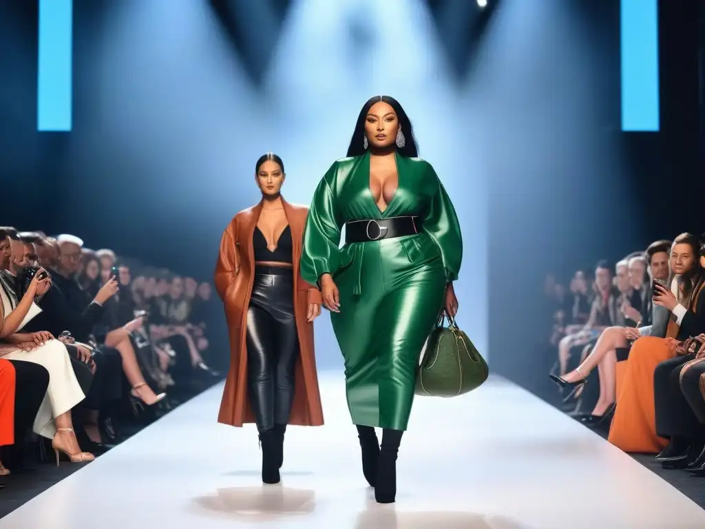 Desfile de moda inclusiva y sostenible: diversidad en la pasarela Desfile de moda inclusiva tallas específicas sostenible: modelos diversos empoderados en pasarela futurista