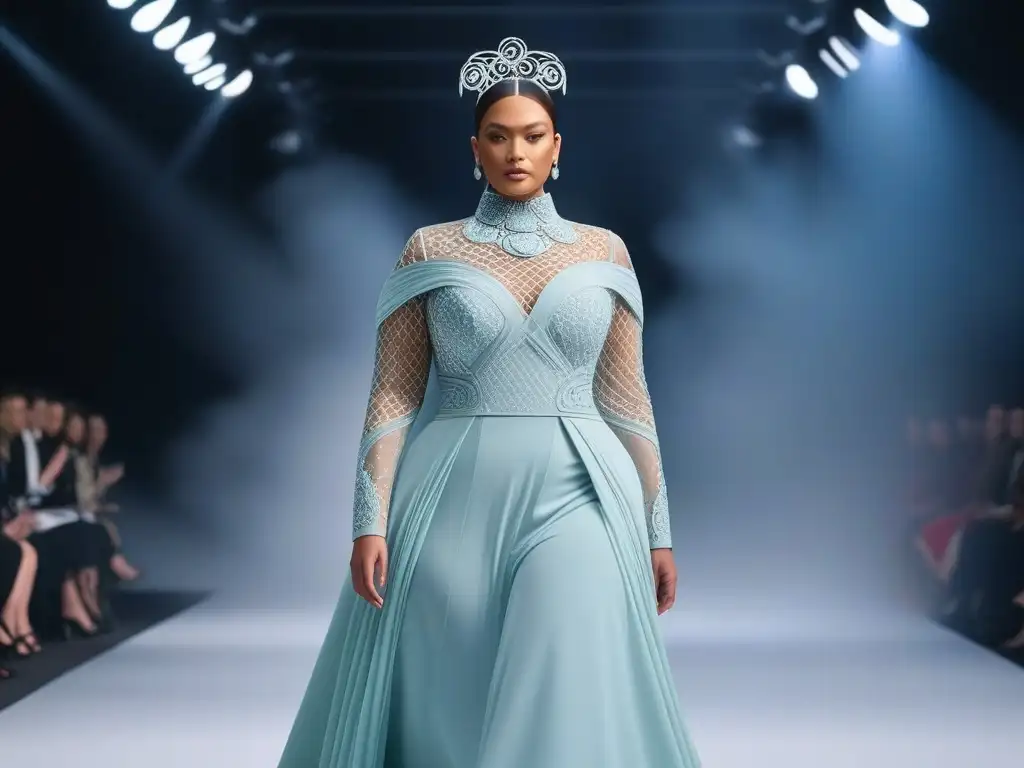 Desfile de moda inclusiva para todas las tallas con modelos de alta costura en pasarela futurista