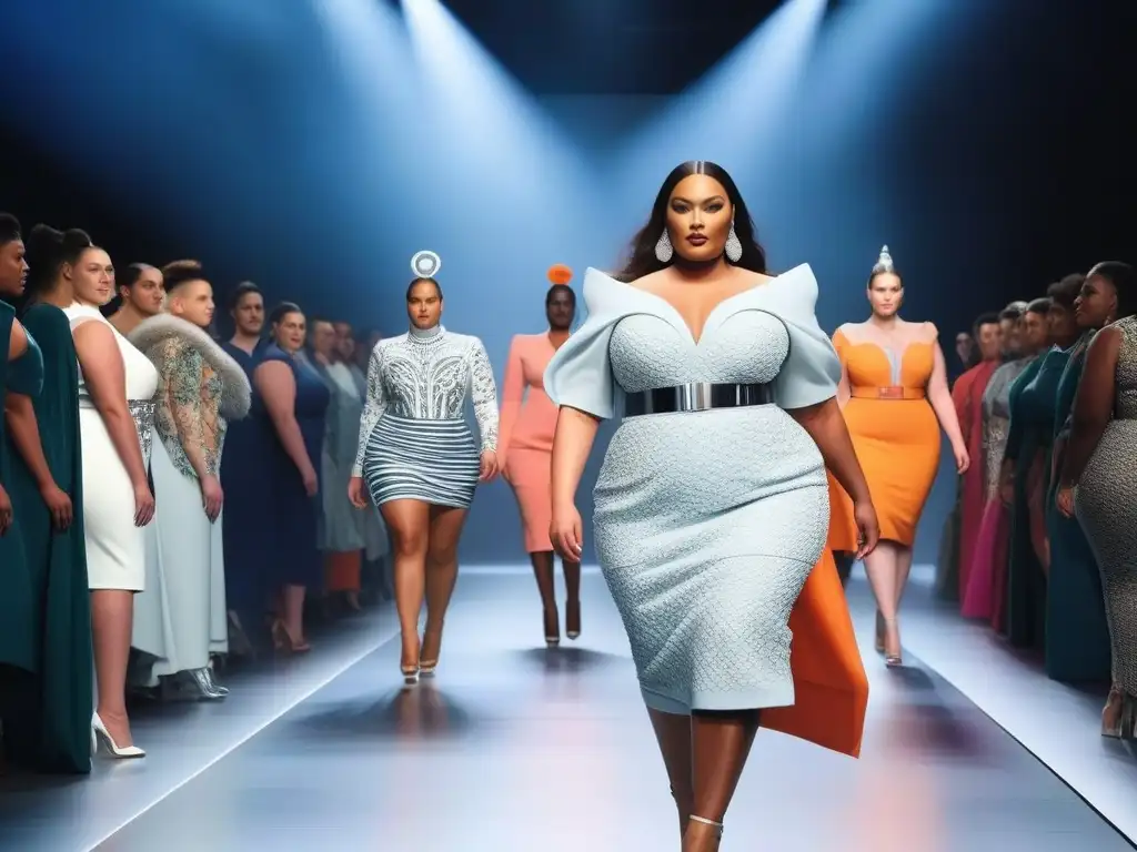 Desfile de moda inclusiva para todas las tallas con diseños vanguardistas en pasarela futurista