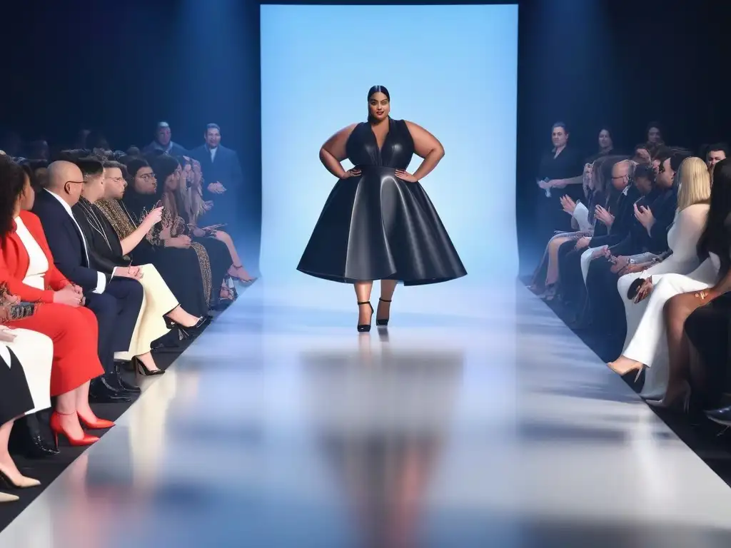 Desfile de moda inclusiva para todas las tallas con modelos empoderadas y público diverso celebrando la diversidad