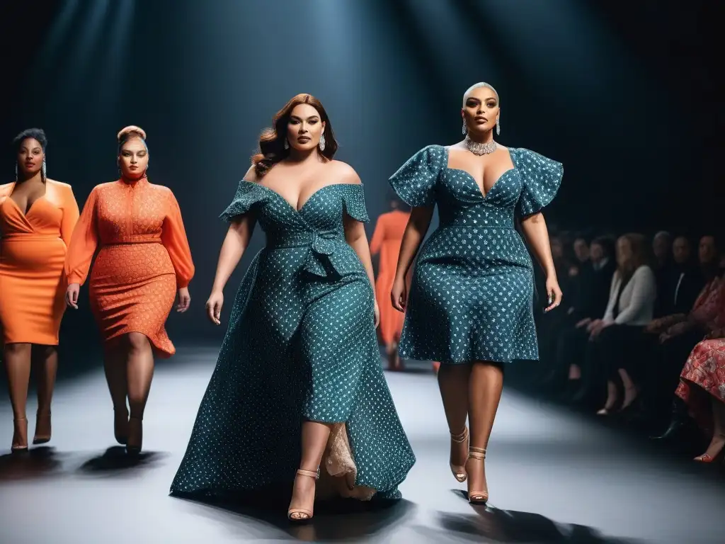 Desfile de moda plus size: empoderamiento y diversidad Desfile de moda inclusiva tallas grandes tendencia con modelos empoderadas y estilosas exhibiendo diseños de ropa trendy