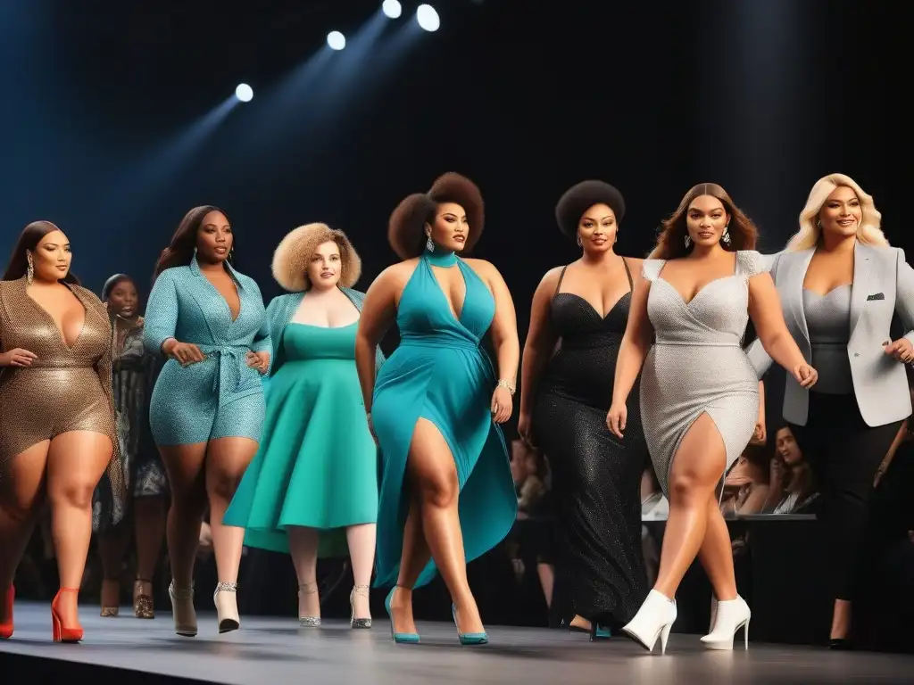 Desfile de moda inclusivo con modelos de tallas grandes Un desfile de moda inclusiva tallas grandes tendencia con modelos diversos mostrando confianza y empoderamiento
