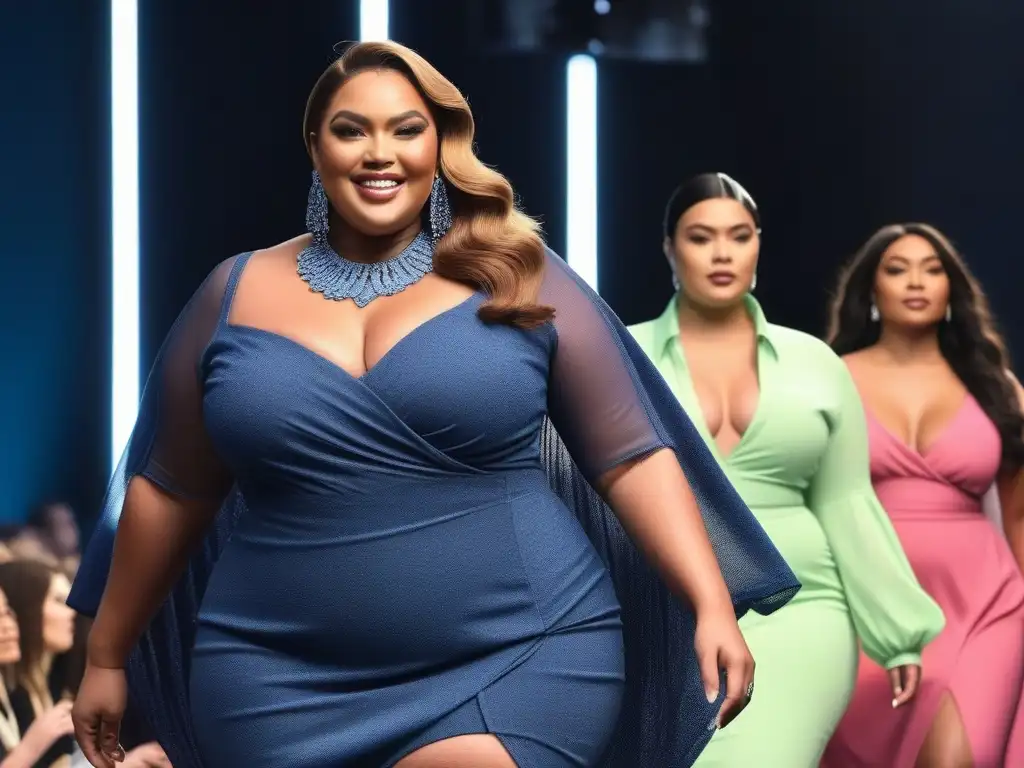 Desfile de moda plussize: empoderamiento y estilo en la pasarela Un desfile de moda inclusiva en tallas grandes con modelos empoderadas y estilosas, en una pasarela llena de luces y mensajes inspiradores