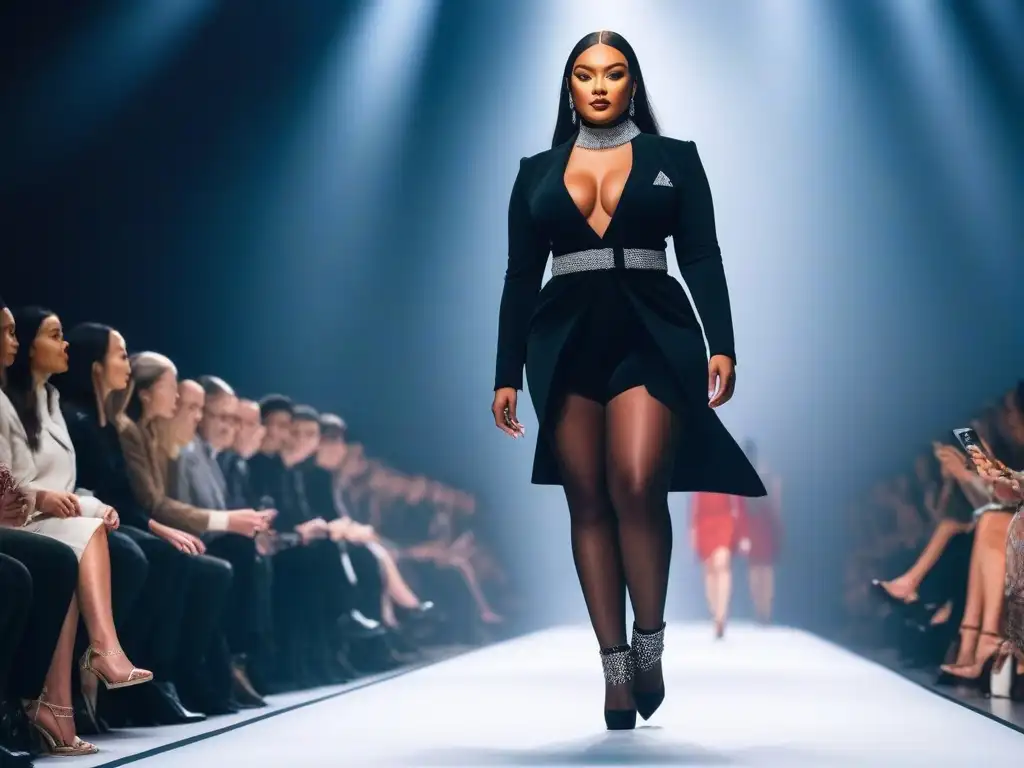 Desfile de moda inclusiva: modelos petite seguras y diversas Desfile de moda inclusiva para todas las tallas, modelos diversas y seguras luciendo prendas de alta gama en una pasarela moderna y brillante