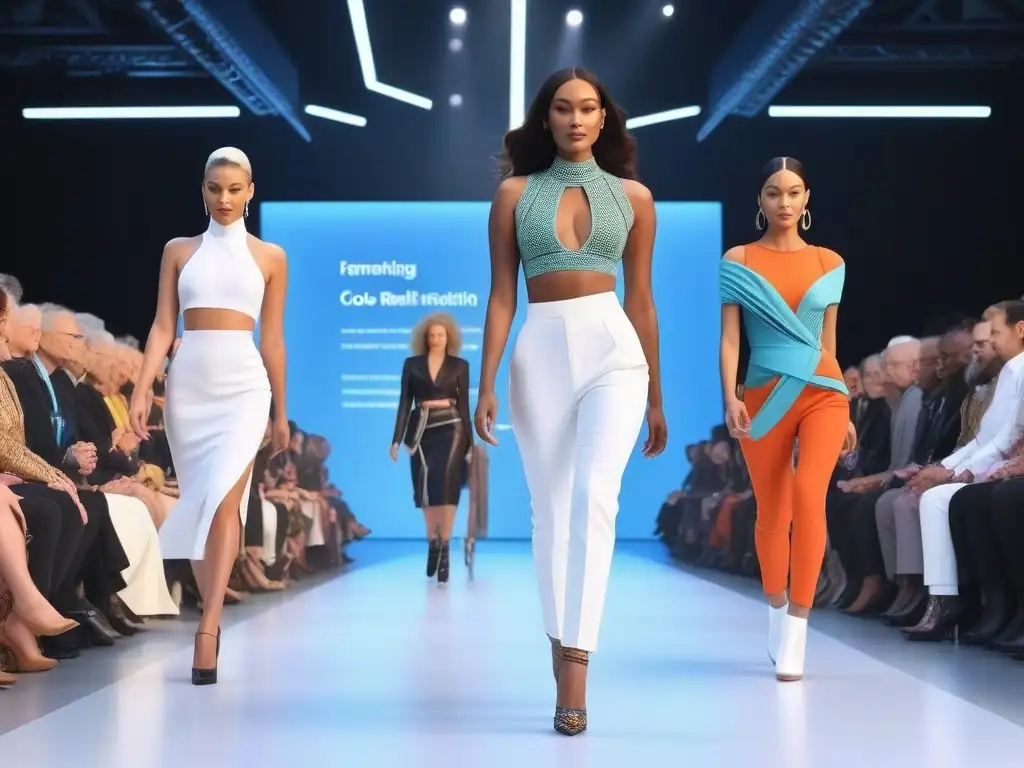 Diseños inclusivos y tecnología: desfile futurista Un desfile de moda inclusiva y tecnología wearable con modelos de diferentes edades, tallas y etnias caminando con confianza por una pasarela futurista